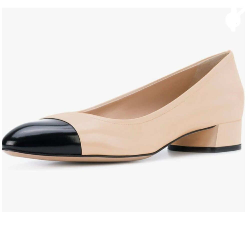 YDN Nude Pointy Toe Slip on Office Pumps Block Low Heels Patchwork Shoes